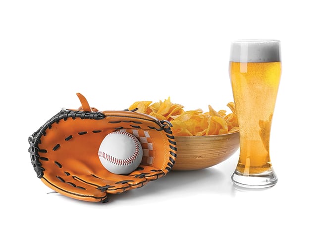 State College - Beer with snacks and baseball accessories on white background