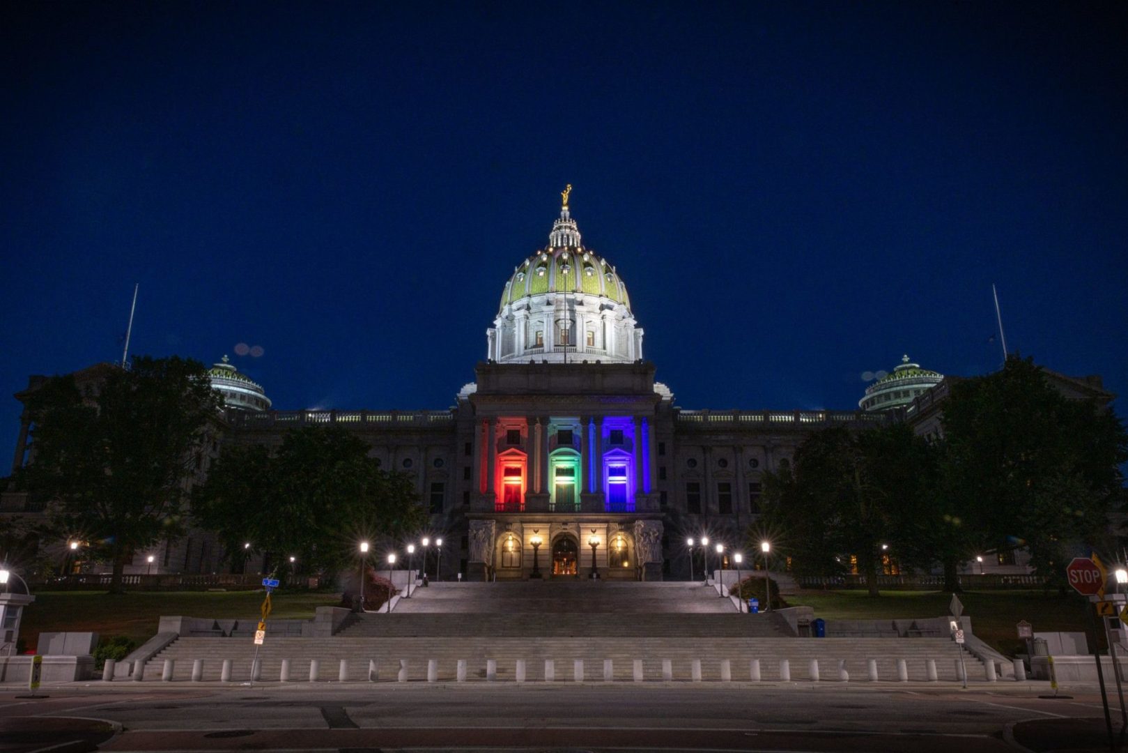 The PA Capitol lit up for Pride Month in 2022.