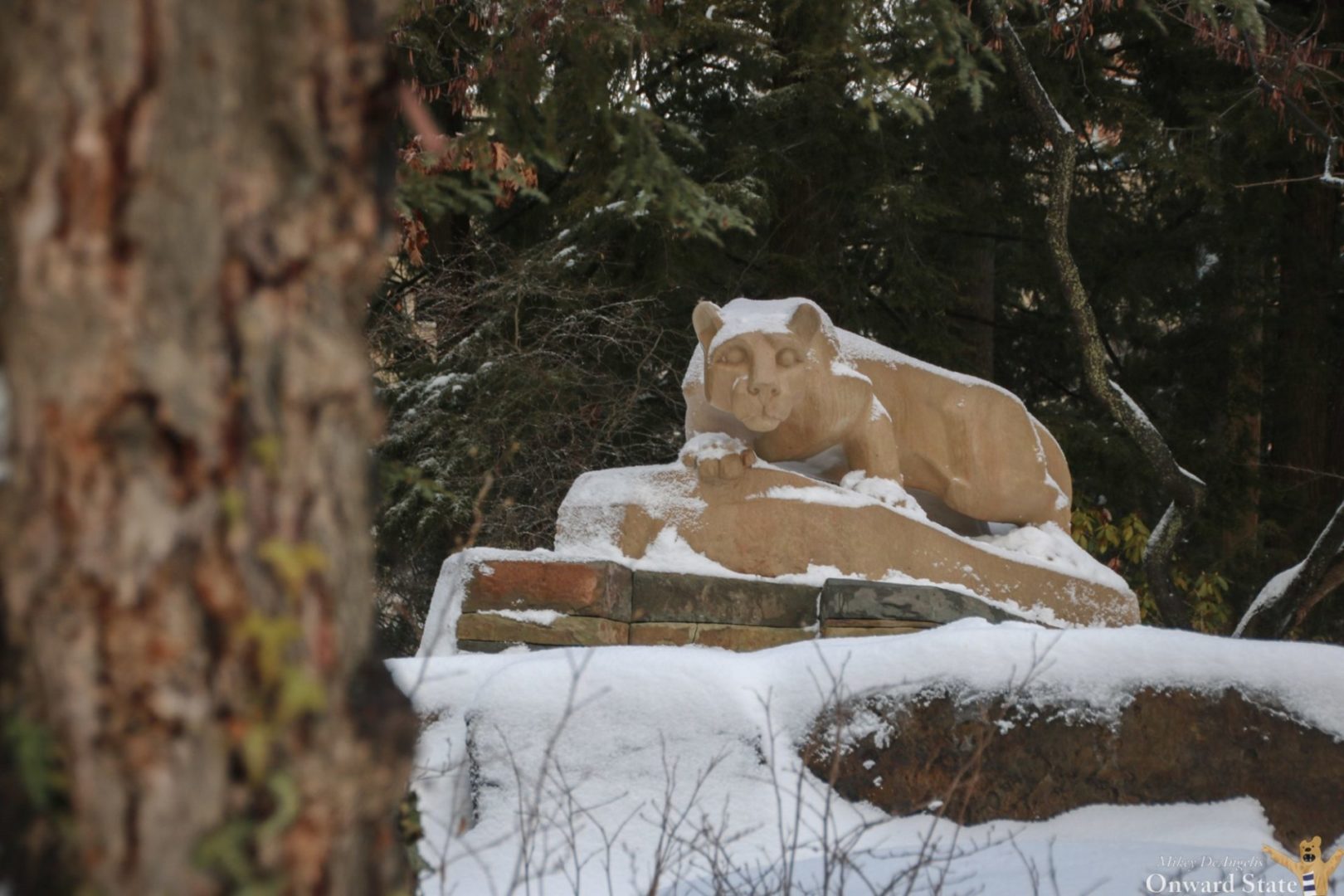 State College - snow covered Nittany Lion shrine