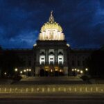 The south side of the Pennsylvania State Capitol Complex at night.