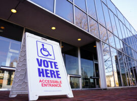 A voting sign outside Allentown Public Library in Lehigh County, Pennsylvania. Photo by Matt Smith | For Spotlight PA