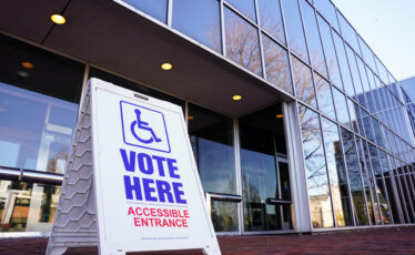A voting sign outside Allentown Public Library in Lehigh County, Pennsylvania. Photo by Matt Smith | For Spotlight PA