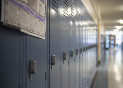 A row of lockers at Bennetts Valley Elementary School in Weedville, Pennsylvania on April 5, 2023.