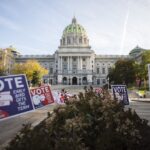 Pennsylvania’s capitol building in Harrisburg on the morning of Election Day. November 3, 2020.