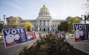 Pennsylvania’s capitol building in Harrisburg on the morning of Election Day. November 3, 2020.