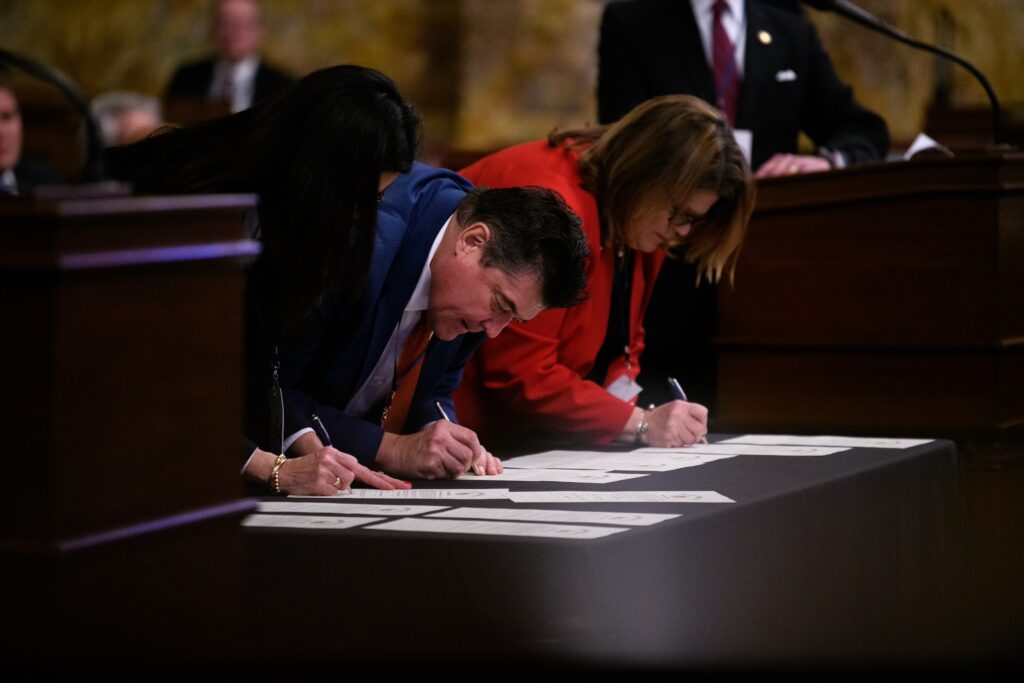 Electors certify the results of the 2024 presidential election during Pennsylvania's 60th Electoral College in Harrisburg, Pa. on December 17, 2024. CREDIT: Kriston Jae Bethel for Votebeat
