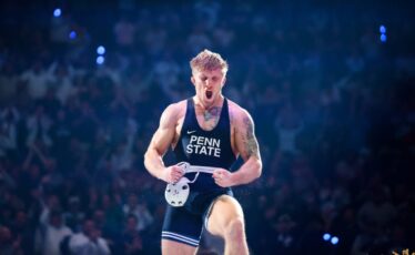 Penn State's Josh Barr celebrates an overtime victory over Michigan's Jacob Cardenas on Friday, Feb. 7, 2025 at the Bryce Jordan Center.