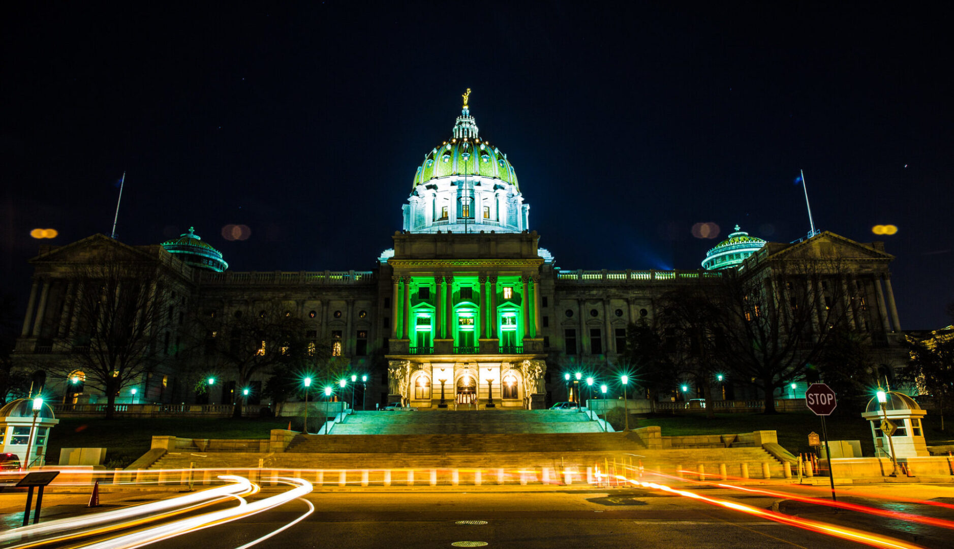 The Pennsylvania Capitol in Harrisburg was lit green in 2016 to celebrate the passage of medical marijuana.