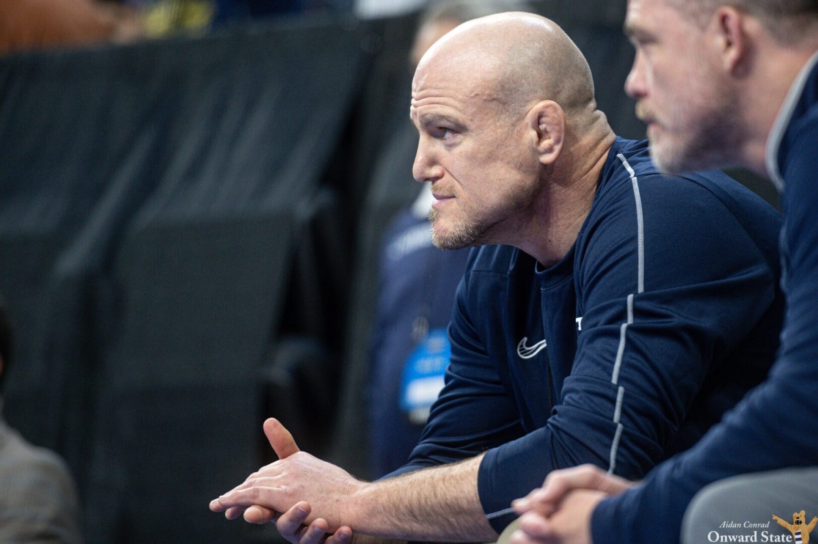 Penn State coach Cael Sanderson looks on during the 2025 NCAA Championships at the Wells Fargo Center in Philadelphia.
