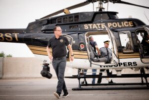 Gov. Josh Shapiro arrives on a state police hellicopter in Philadelphia to discuss a partial Interstate 95 collapse.