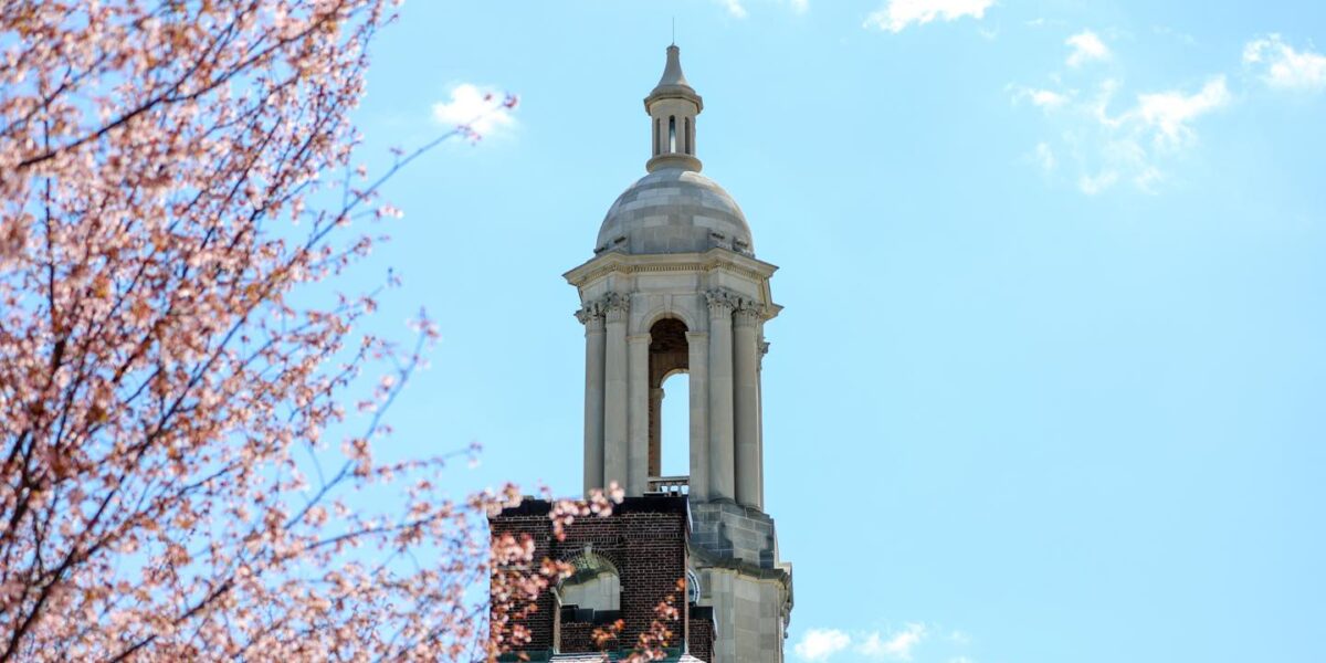 The bell tower of Penn State's Old Main building