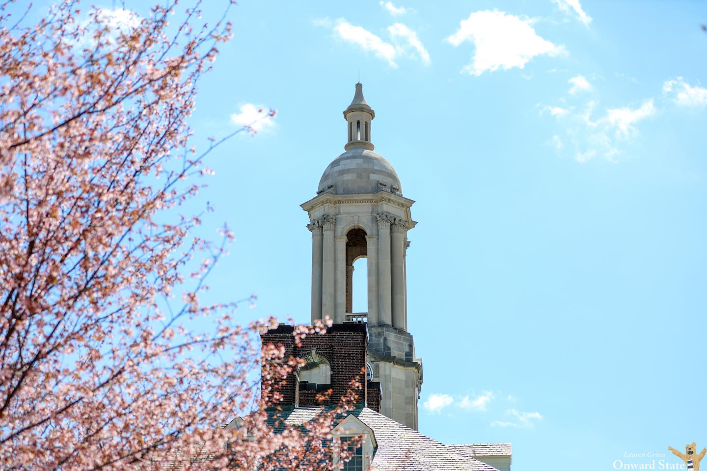 The bell tower of Penn State's Old Main building