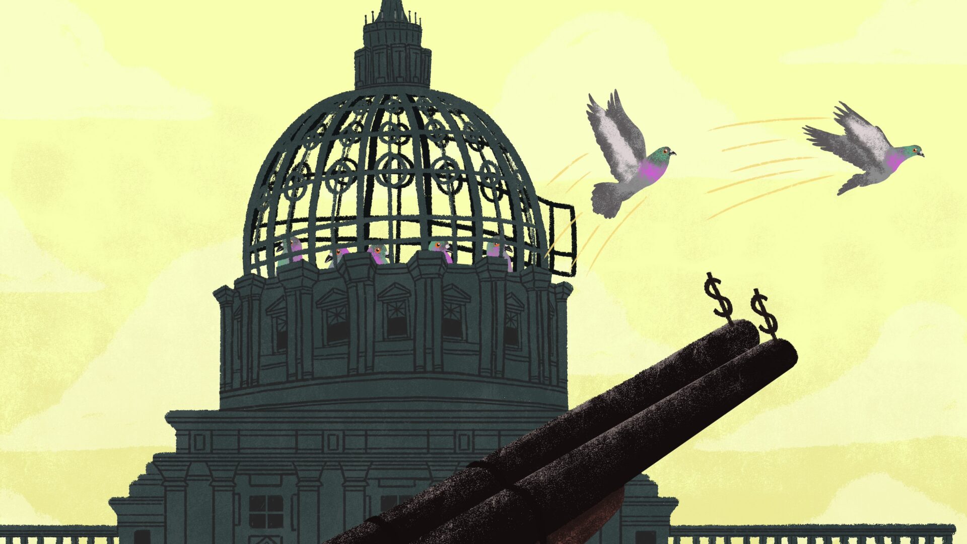 An illustration of a gun adorned with dollar signs aiming at pigeons flying from the Pa. Capitol.