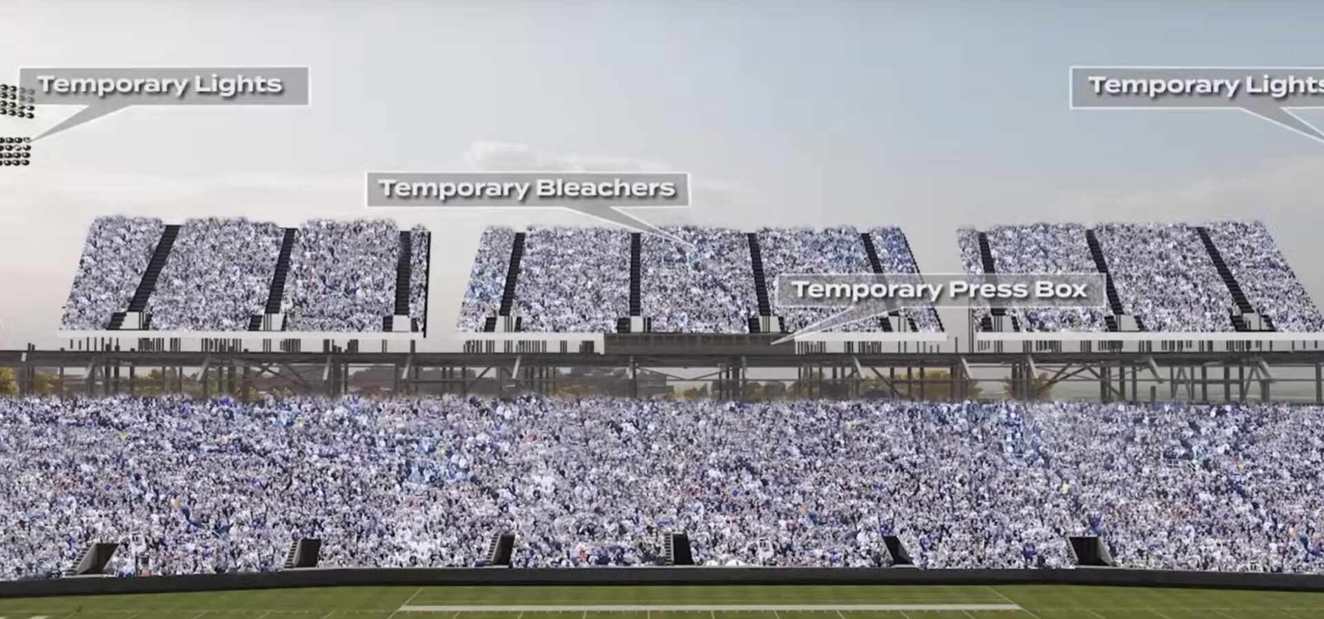 Snapshot of proposed look at completed Beaver Stadium’s upper west side temporary stands in 2025, from video produced by Penn State Athletics and posted on GoPSUtv in early January 2025.
