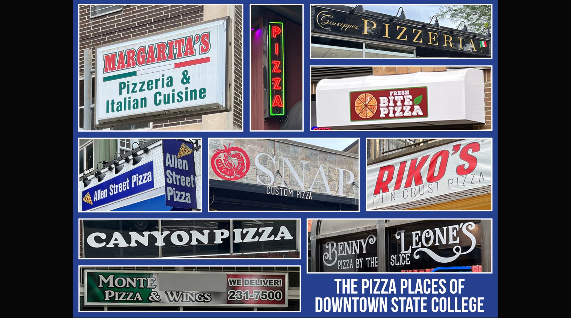 Signs for pizzerias in State College, PA