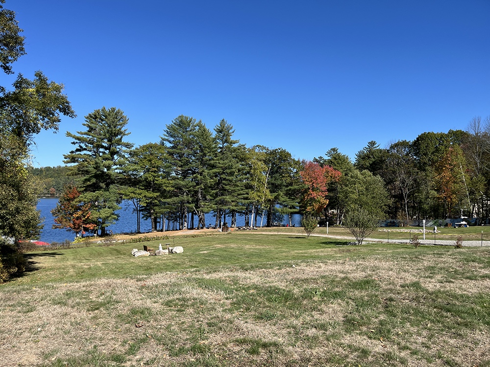 The view from a room at the Highland Lake Resort in Bridgton, Maine, overlooking the property and lake.
