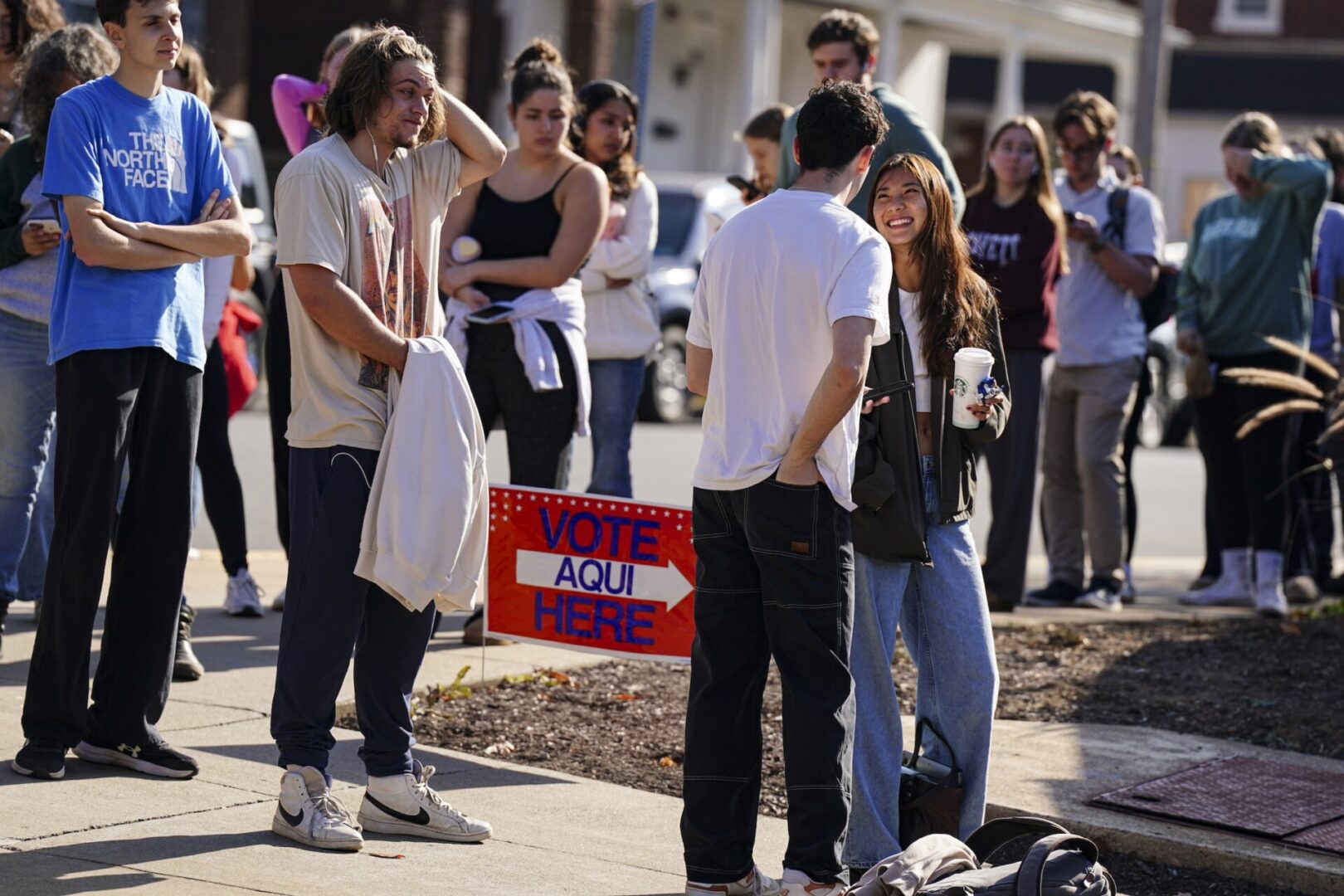 Students wait in line to vote Nov. 5, 2024, outside Kirby Sports Complex in Easton, Northampton County, Pennsylvania.