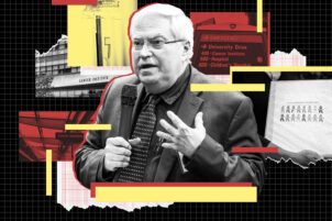 A photo illustration of Raymond Hohl encircled by images of the Penn State Cancer Institute, a medical device, and a nurse’s binder of thank you notes.