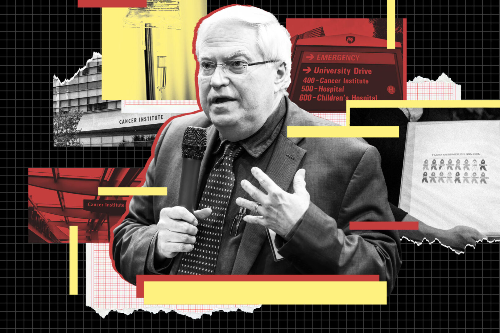 A photo illustration of Raymond Hohl encircled by images of the Penn State Cancer Institute, a medical device, and a nurse’s binder of thank you notes.