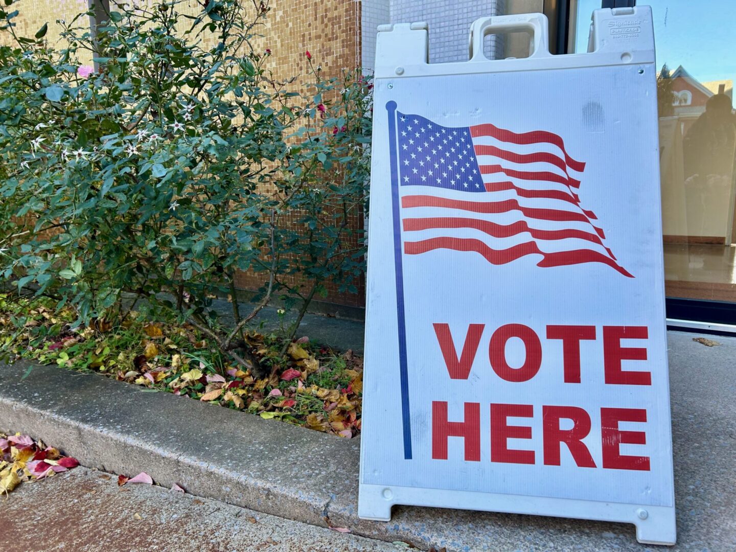 A "vote here" sign with an American flag