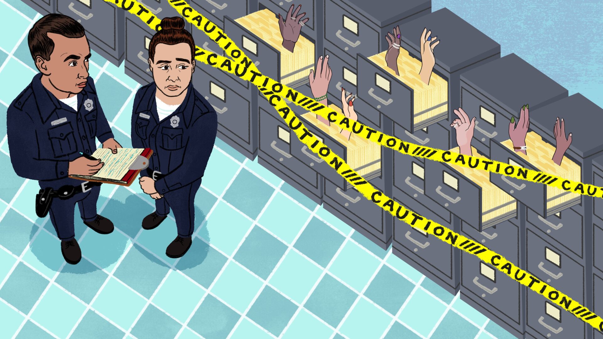 An illustration of two police officers standing in front of filing cabinets with hands coming out of the files.