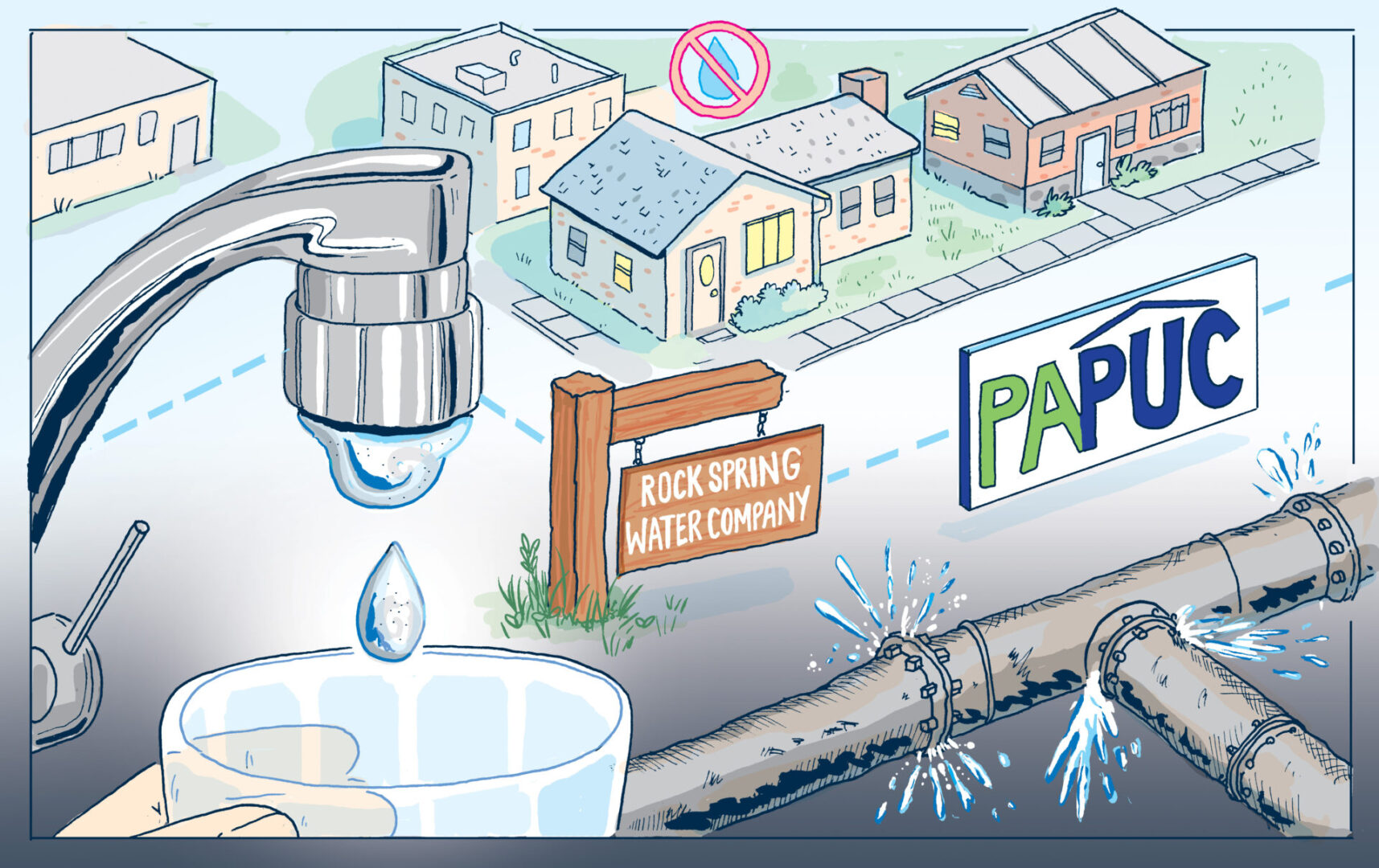 An illustration of water coming from a tap, houses, pipes, a Rock Spring Water Company sign, and a PUC sign.