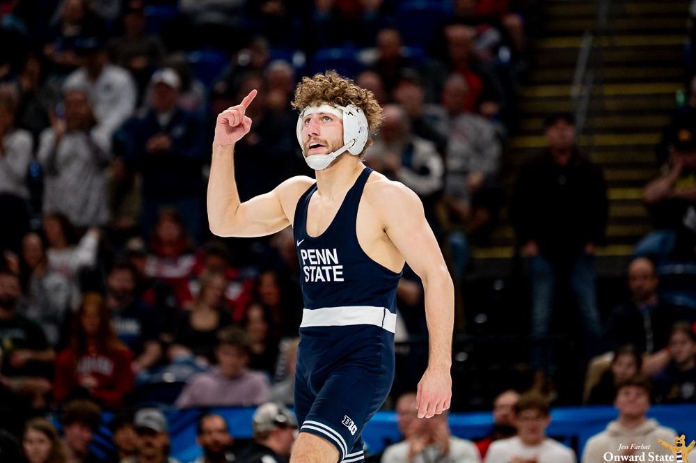 Mitchell Mesenbrink celebrates after winning the 165 pound title at the Big Ten Championships on Sunday, March 8, 2026 at the Bryce Jordan Center.