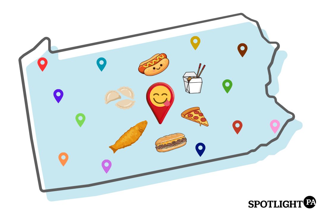 Illustration of Pennsylvania with select food items and location pins placed across the state.