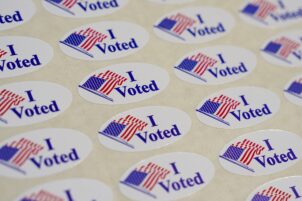 “I Voted” stickers are shown on May 19, 2026, In Quakertown, Bucks County, Pennsylvania.