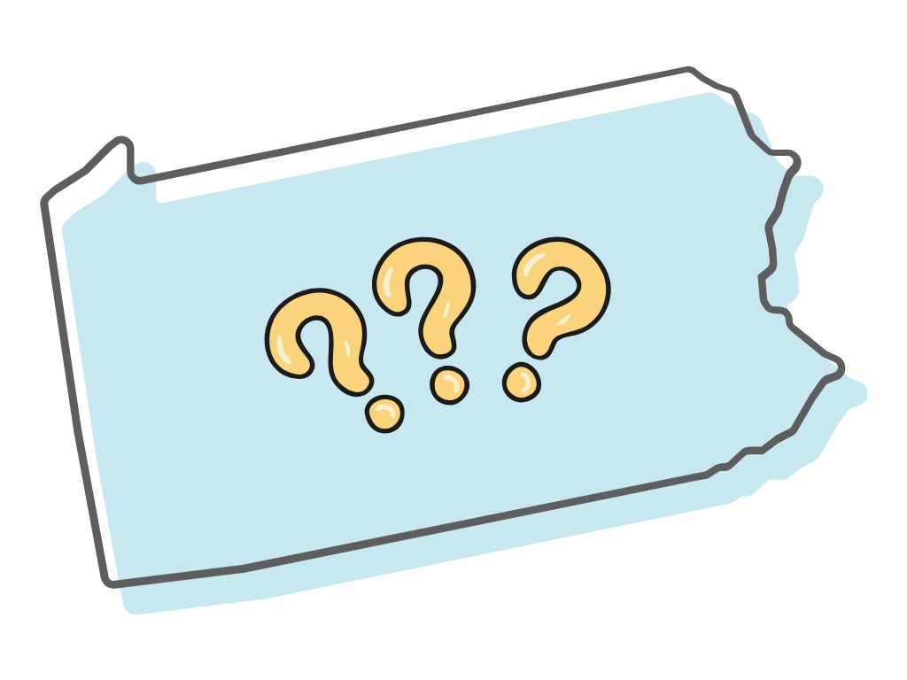 An outline of Pennsylvania with three question marks in the center