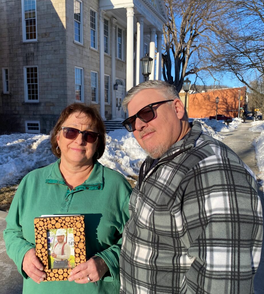 Cyndi and Thad Compton stand outside Tioga County’s courthouse in February, after a court hearing.