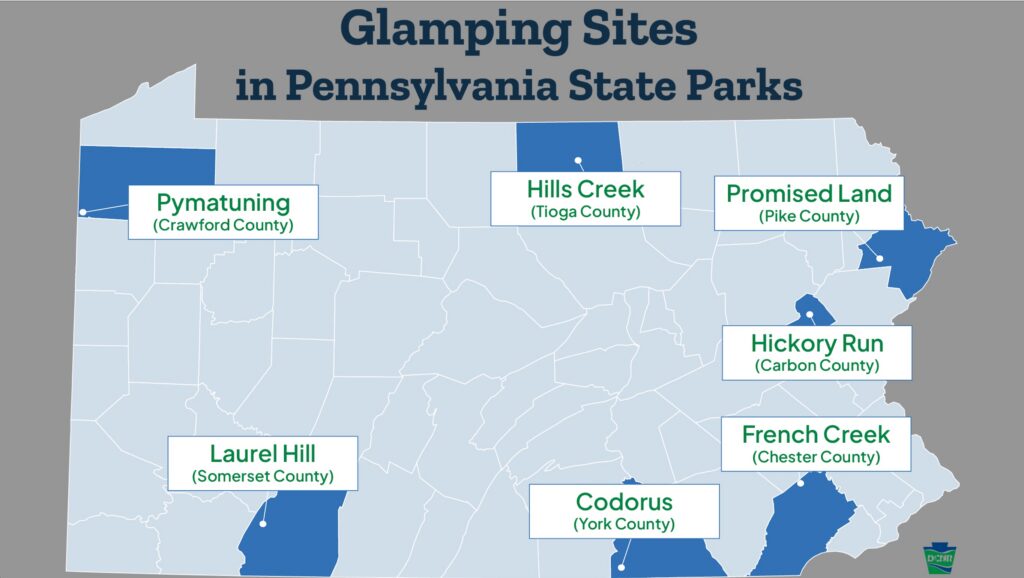 Map of Pennsylvania parks participating in the glamping pilot