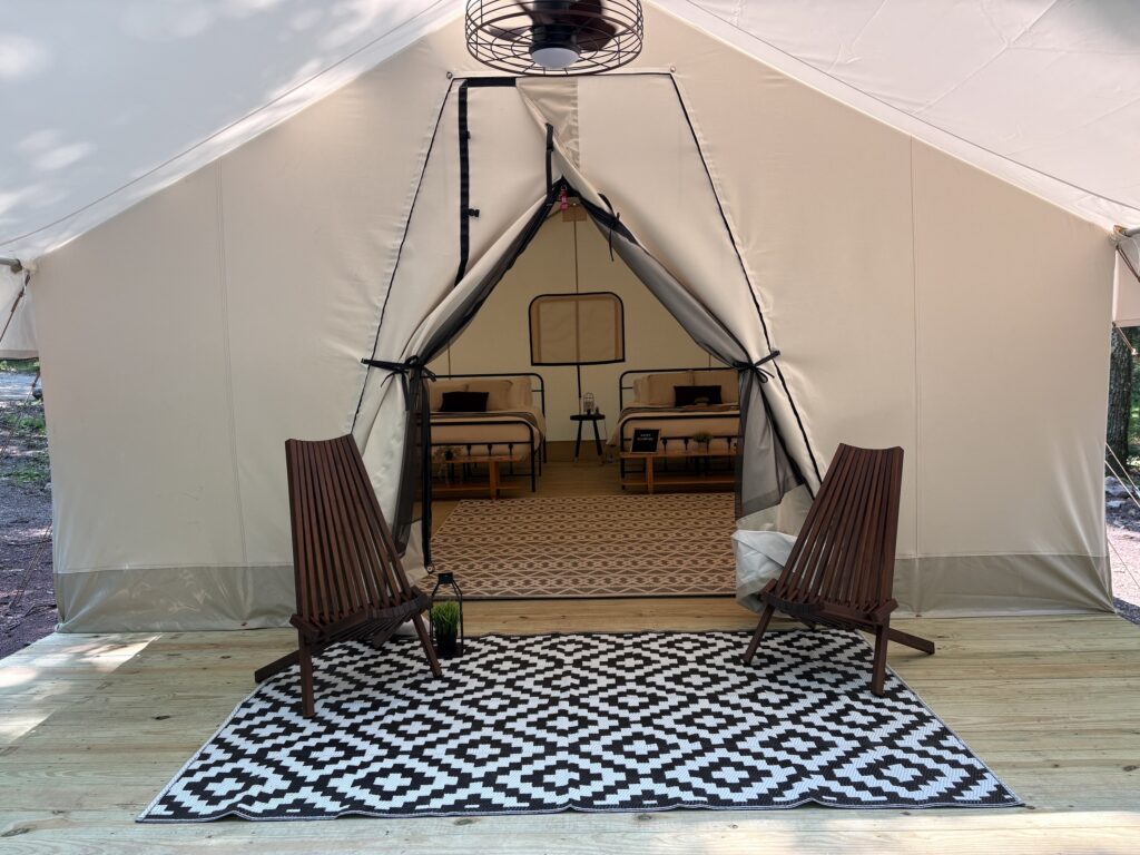 View of the porch outside a glamping tent at Hickory Run State Park.