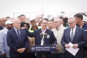 Pennsylvania Gov. Josh Shapiro speaks at a June 2023 news conference after the reopening of part of I-95.