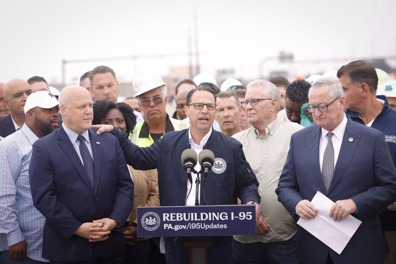 Pennsylvania Gov. Josh Shapiro speaks at a June 2023 news conference after the reopening of part of I-95.