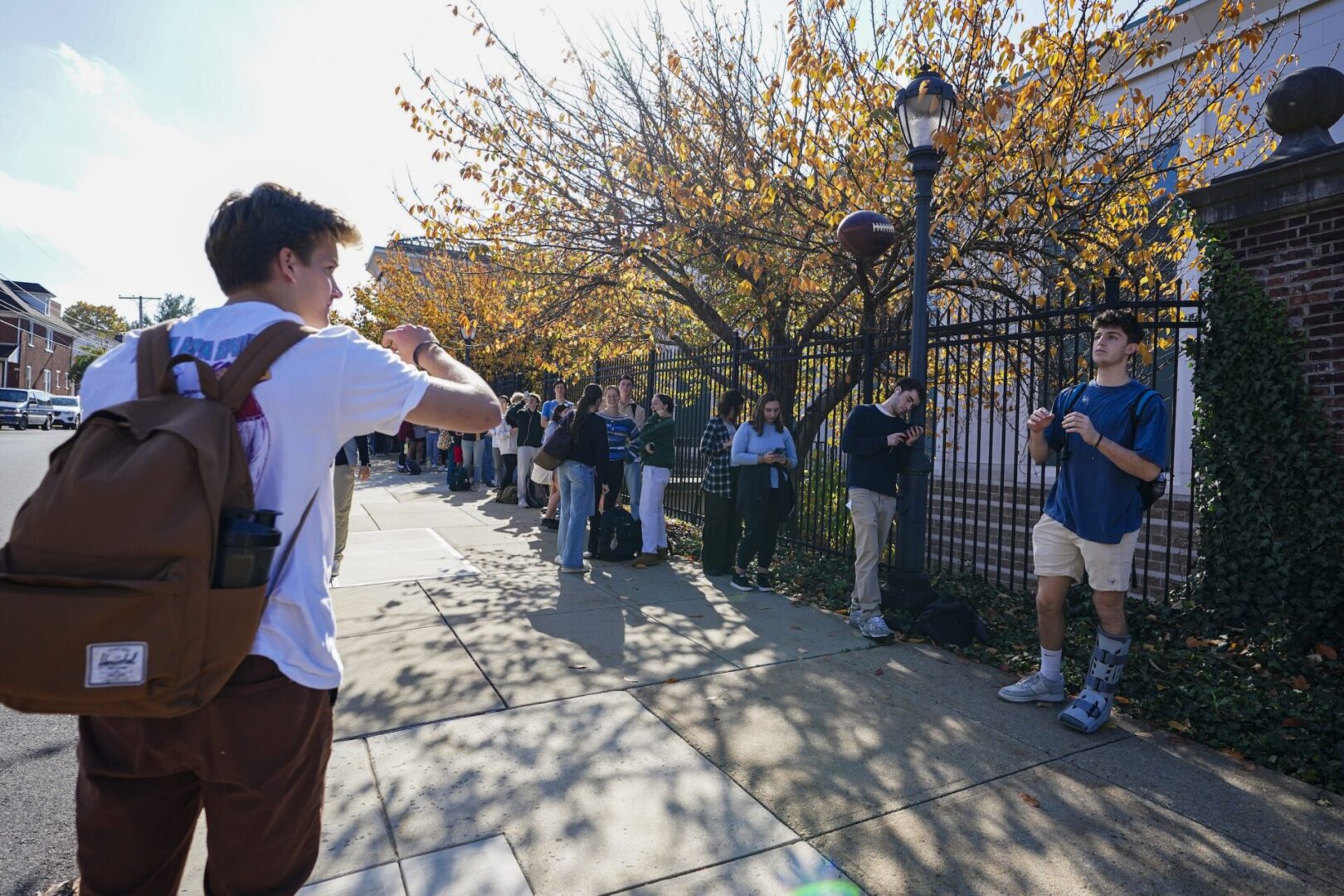 Students wait in line to vote Nov. 5, 2024, outside Kirby Sports Complex in Easton, Pennsylvania.