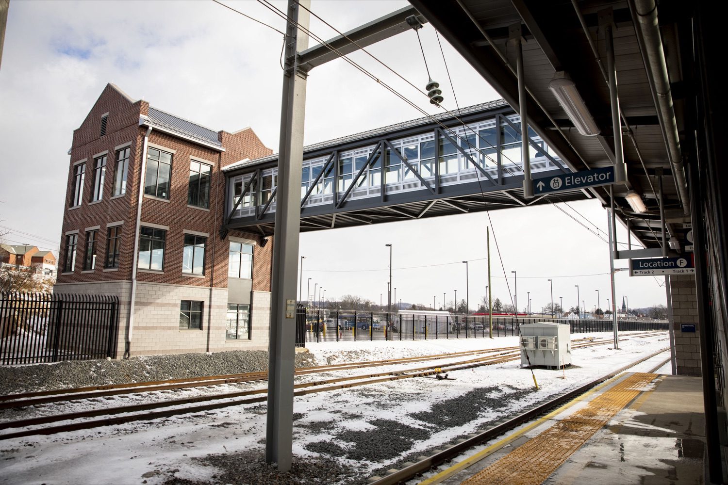 Train tracks and passenger platforms at a Pennsylvania Amtrak station.