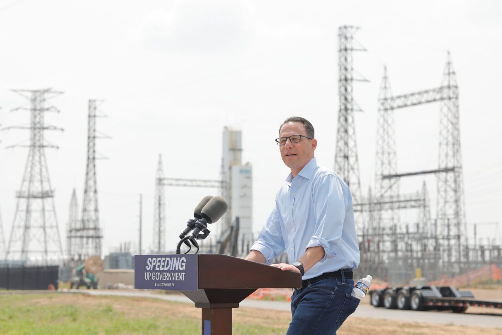 Gov. Josh Shapiro during a 2025 visit to Falls Township in Bucks County, where an Amazon data center campus is being built.