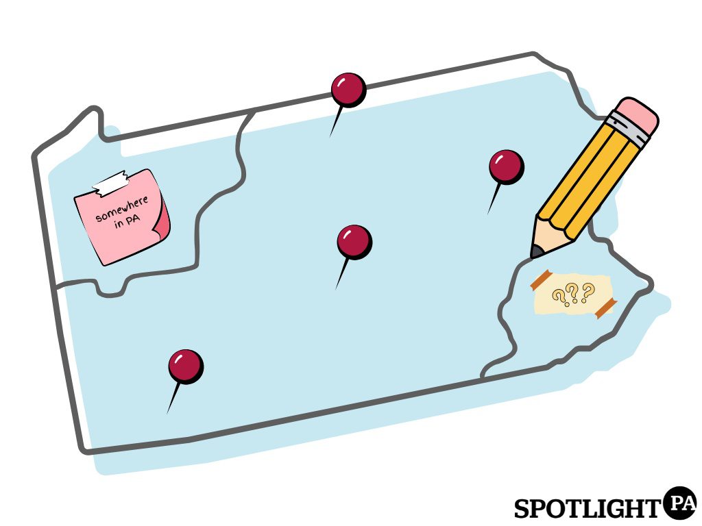 An illustration of a pencil drawing a squiggly line on a map of Pennsylvania that has sticky notes and pushpins stuck to it.