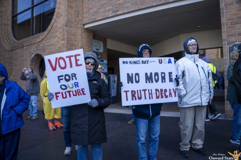 Hundreds Gather in Downtown State College for No Kings: Bank the Vote Event